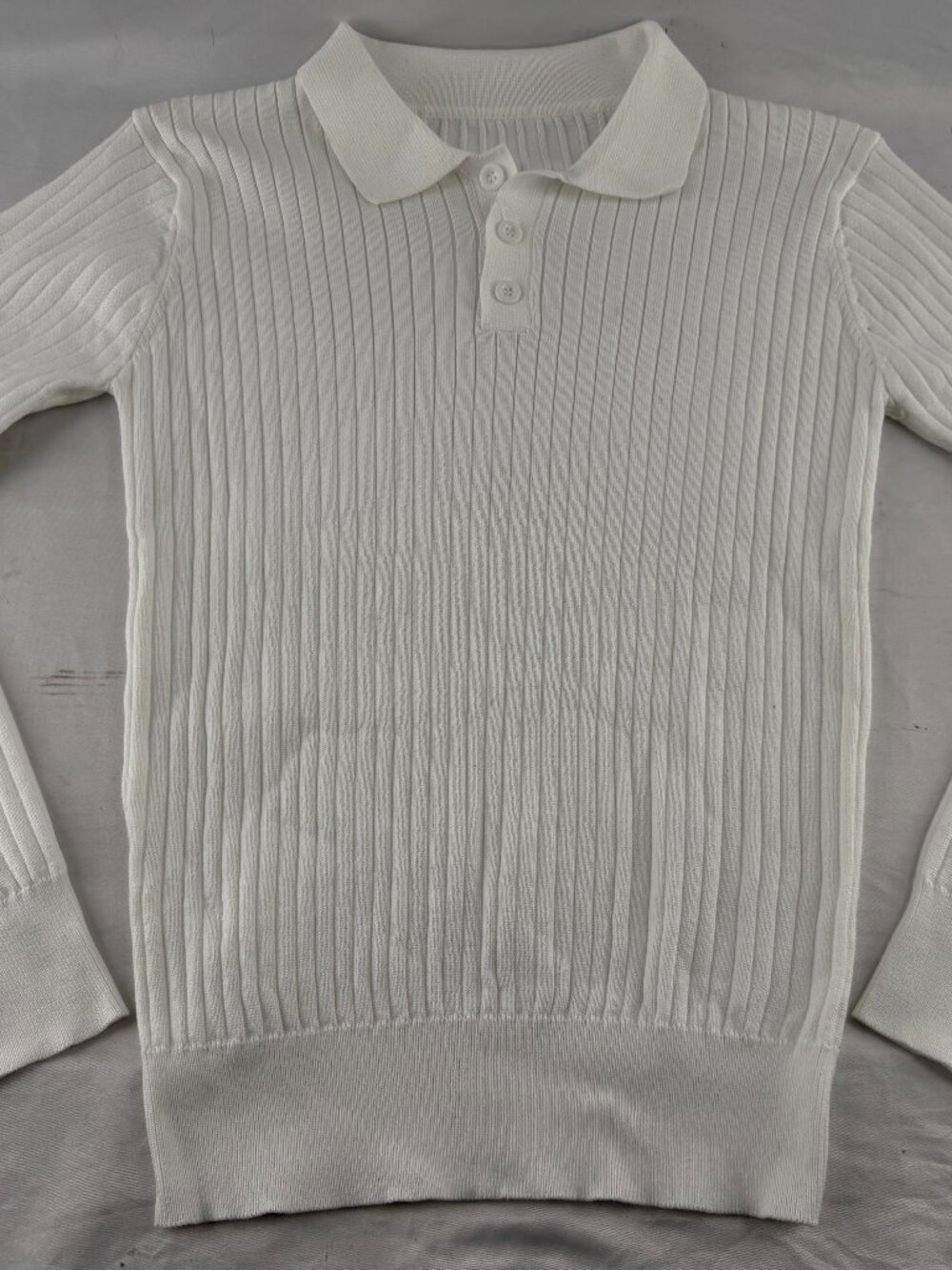 White Ribbed Knit Long Sleeve Polo Shirt Button Up Top Size S